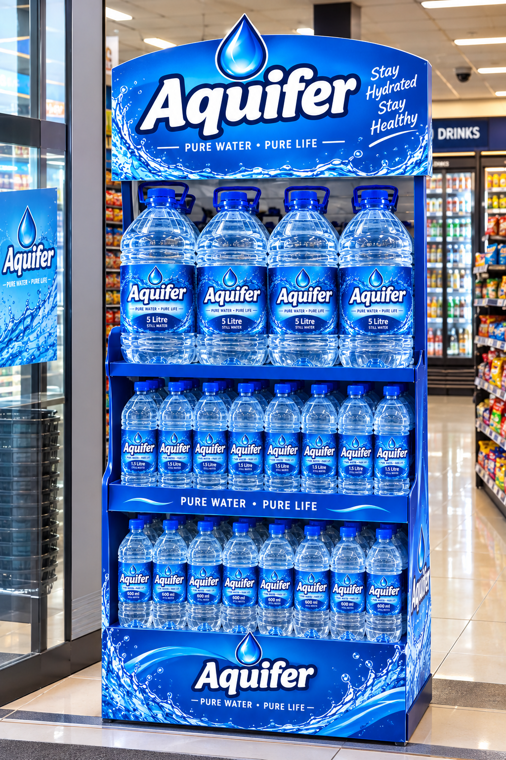 Aquifer water bottles on retail display stand
